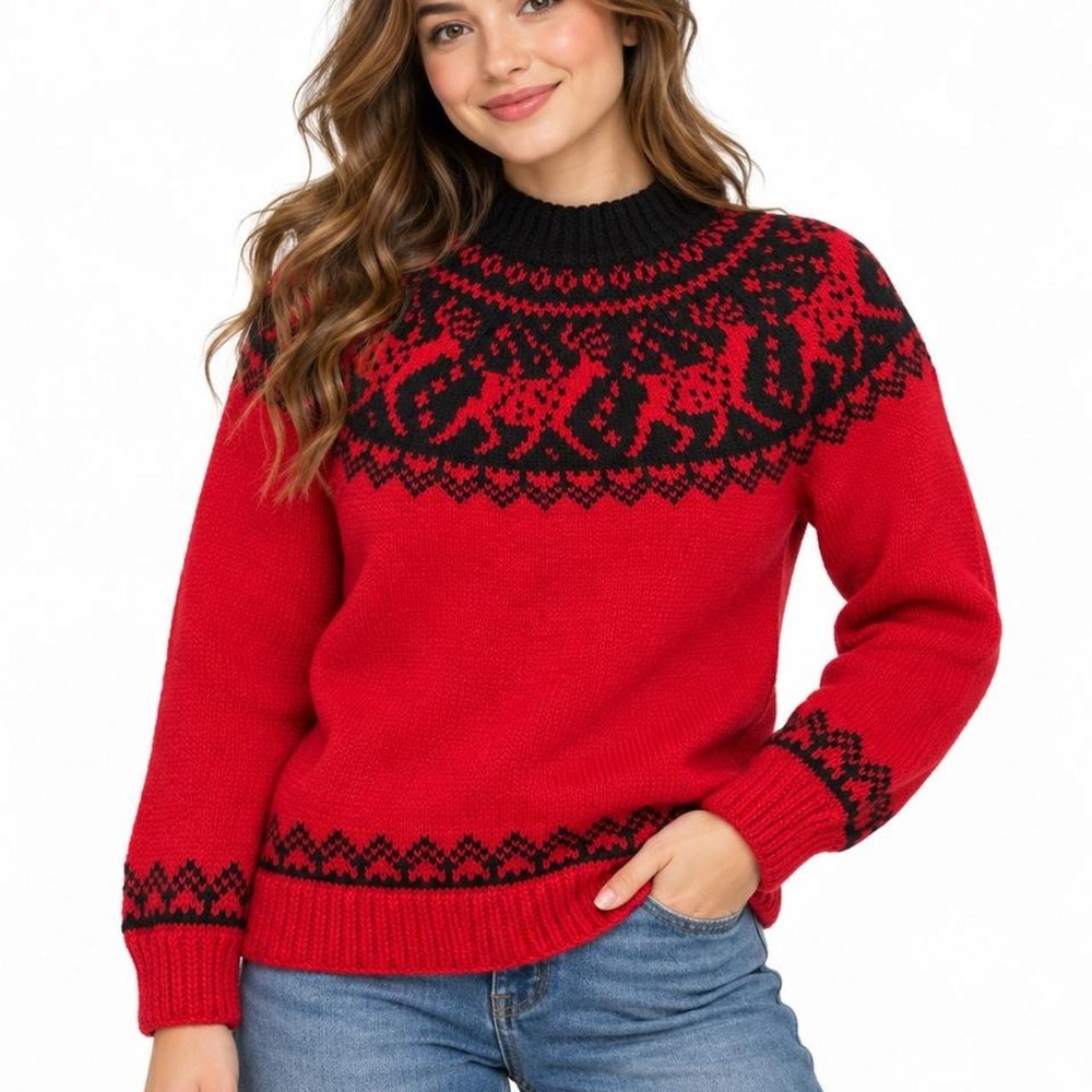 Dale of Norway Sweater Red Black Horse Nordic Fair Isle Wool Vintage Unisex